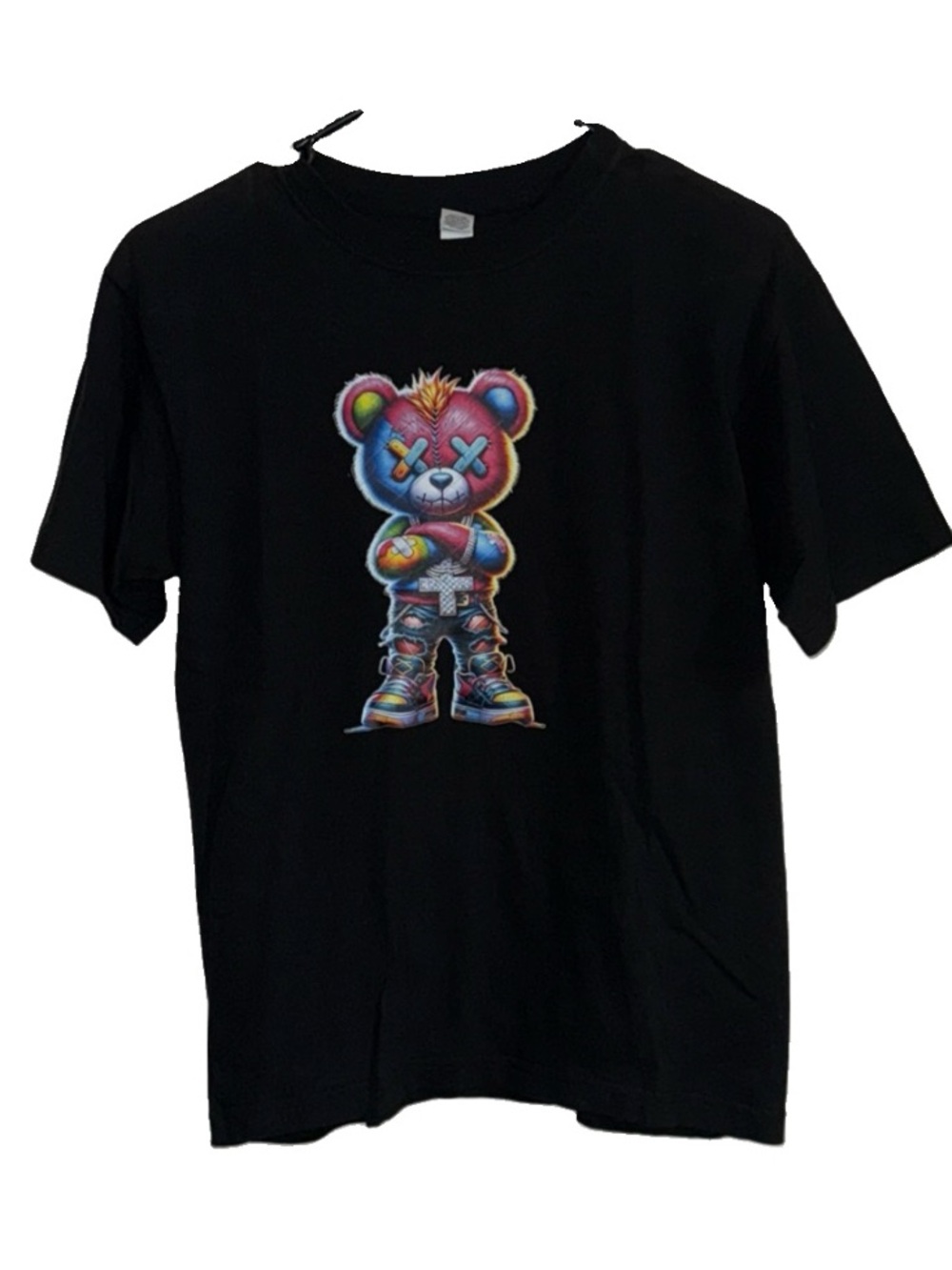 M&O Gold Youth Kids Black Graphic T-Shirt with Colorful Teddy Design LG NEW
